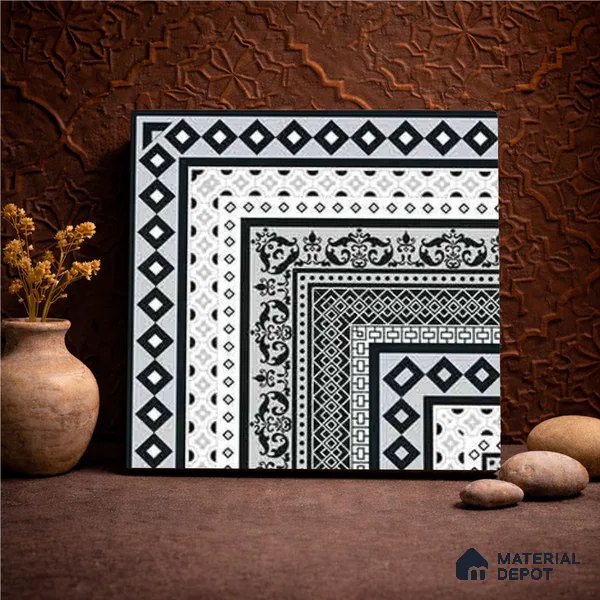 Moroccan Wall & Floor Carpet Corner Tile TL 11150 Monochrome Manor 1 ft x 1 ft Ceramic Matte Finish Tile - 10 mm | Suitable For Living Room, Kitchen, Dining Area