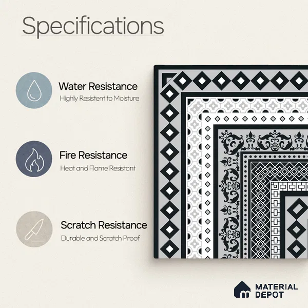 Moroccan Wall & Floor Carpet Corner Tile TL 11150 Monochrome Manor 1 ft x 1 ft Ceramic Matte Finish Tile - 10 mm | Suitable For Living Room, Kitchen, Dining Area