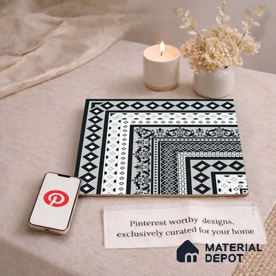 Moroccan Wall & Floor Carpet Corner Tile TL 11150 Monochrome Manor 1 ft x 1 ft Ceramic Matte Finish Tile - 10 mm | Suitable For Living Room, Kitchen, Dining Area
