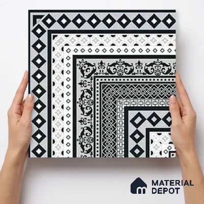 Moroccan Wall & Floor Carpet Corner Tile TL 11150 Monochrome Manor 1 ft x 1 ft Ceramic Matte Finish Tile - 10 mm | Suitable For Living Room, Kitchen, Dining Area