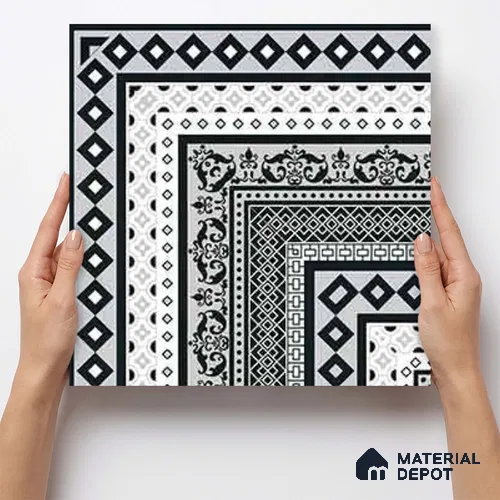 Moroccan Wall & Floor Carpet Corner Tile TL 11150 Monochrome Manor 1 ft x 1 ft Ceramic Matte Finish Tile - 10 mm | Suitable For Living Room, Kitchen, Dining Area