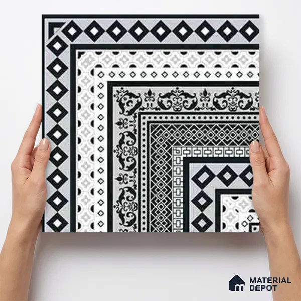 Moroccan Wall & Floor Carpet Corner Tile TL 11150 Monochrome Manor 1 ft x 1 ft Ceramic Matte Finish Tile - 10 mm | Suitable For Living Room, Kitchen, Dining Area