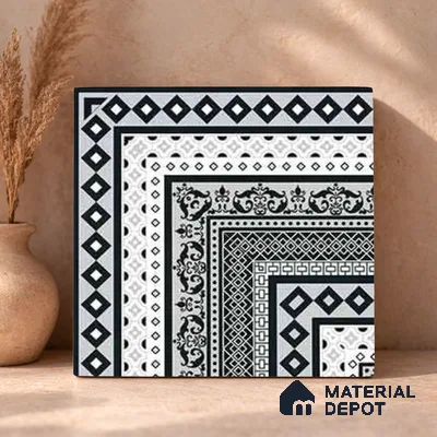 Moroccan Wall & Floor Carpet Corner Tile TL 11150 Monochrome Manor 1 ft x 1 ft Ceramic Matte Finish Tile - 10 mm | Suitable For Living Room, Kitchen, Dining Area