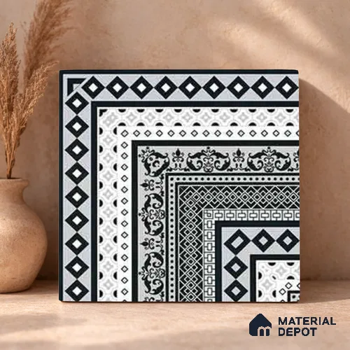 Moroccan Wall & Floor Carpet Corner Tile TL 11150 Monochrome Manor 1 ft x 1 ft Ceramic Matte Finish Tile - 10 mm | Suitable For Living Room, Kitchen, Dining Area