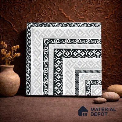 Moroccan Monochrome Wall & Floor Carpet Corner Tile TL 11146 Athenian Border 1 ft x 1 ft Ceramic Matte Finish Tile - 10 mm | Suitable For Living Room, Kitchen, Dining Area