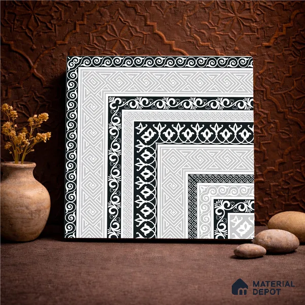 Moroccan Monochrome Wall & Floor Carpet Corner Tile TL 11146 Athenian Border 1 ft x 1 ft Ceramic Matte Finish Tile - 10 mm | Suitable For Living Room, Kitchen, Dining Area