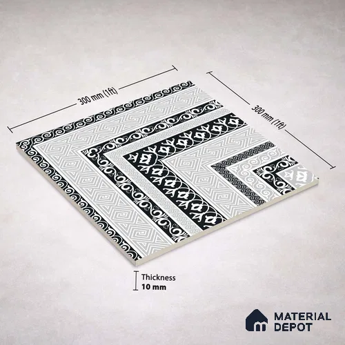 Moroccan Monochrome Wall & Floor Carpet Corner Tile TL 11146 Athenian Border 1 ft x 1 ft Ceramic Matte Finish Tile - 10 mm | Suitable For Living Room, Kitchen, Dining Area