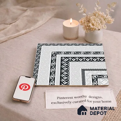 Moroccan Monochrome Wall & Floor Carpet Corner Tile TL 11146 Athenian Border 1 ft x 1 ft Ceramic Matte Finish Tile - 10 mm | Suitable For Living Room, Kitchen, Dining Area