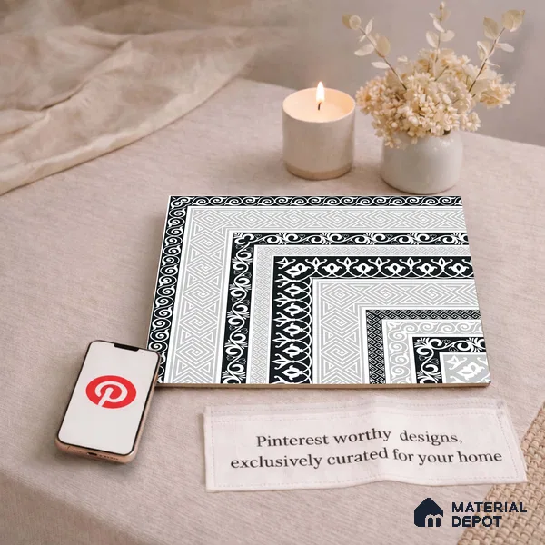 Moroccan Monochrome Wall & Floor Carpet Corner Tile TL 11146 Athenian Border 1 ft x 1 ft Ceramic Matte Finish Tile - 10 mm | Suitable For Living Room, Kitchen, Dining Area