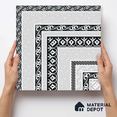 Moroccan Monochrome Wall & Floor Carpet Corner Tile TL 11146 Athenian Border 1 ft x 1 ft Ceramic Matte Finish Tile - 10 mm | Suitable For Living Room, Kitchen, Dining Area