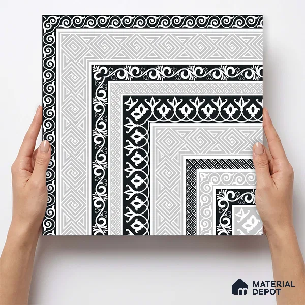 Moroccan Monochrome Wall & Floor Carpet Corner Tile TL 11146 Athenian Border 1 ft x 1 ft Ceramic Matte Finish Tile - 10 mm | Suitable For Living Room, Kitchen, Dining Area