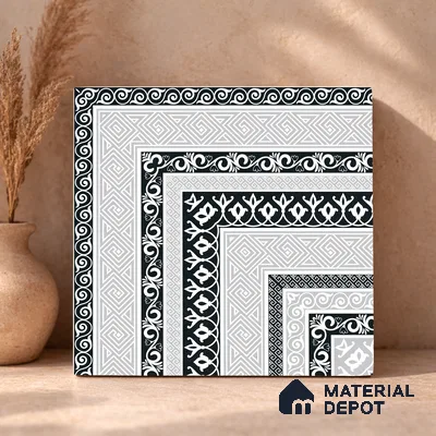 Moroccan Monochrome Wall & Floor Carpet Corner Tile TL 11146 Athenian Border 1 ft x 1 ft Ceramic Matte Finish Tile - 10 mm | Suitable For Living Room, Kitchen, Dining Area
