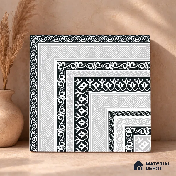 Moroccan Monochrome Wall & Floor Carpet Corner Tile TL 11146 Athenian Border 1 ft x 1 ft Ceramic Matte Finish Tile - 10 mm | Suitable For Living Room, Kitchen, Dining Area