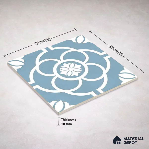 Moroccan Wall & Floor Tile TL 11124 Azure Petal 1 ft x 1 ft Ceramic Matte Finish Tile - 10 mm | Suitable For Kitchen, Bathroom, Balcony