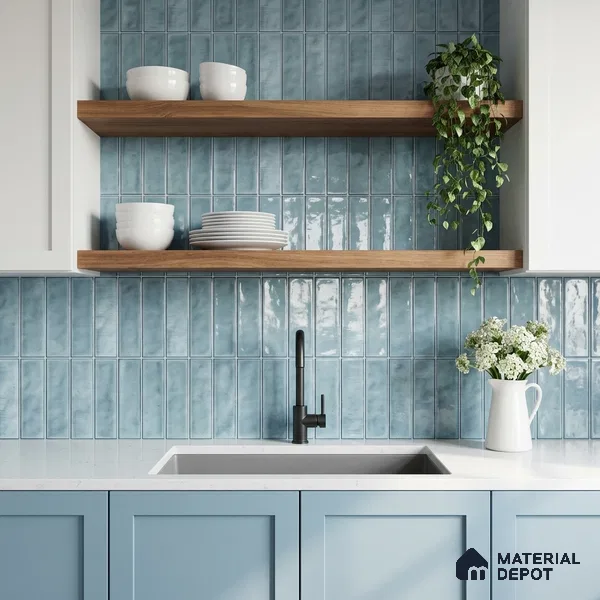 Faux Subway Wall Tile TL 11303 Mist Blue Plank 1 ft x 1 ft Ceramic Glossy Finish Tile - 10 mm | Suitable For Bathroom, Dining Area, Kitchen Backsplash