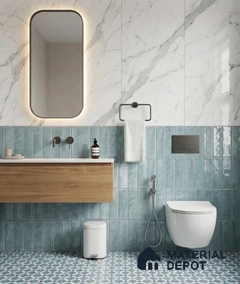 Faux Subway Wall Tile TL 11303 Mist Blue Plank 1 ft x 1 ft Ceramic Glossy Finish Tile - 10 mm | Suitable For Bathroom, Dining Area, Kitchen Backsplash