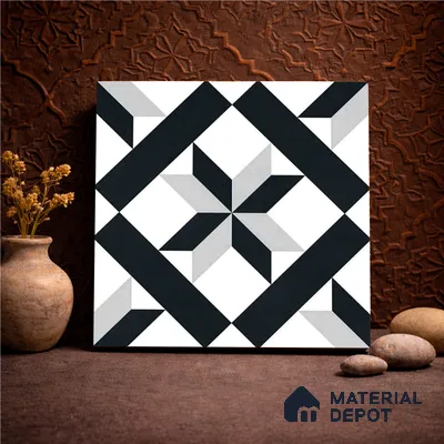 Moroccan Wall & Floor Tile TL 11138 Monochrome Star 1 ft x 1 ft Ceramic Matte Finish Tile - 10 mm | Suitable For Kitchen, Bathroom, Balcony