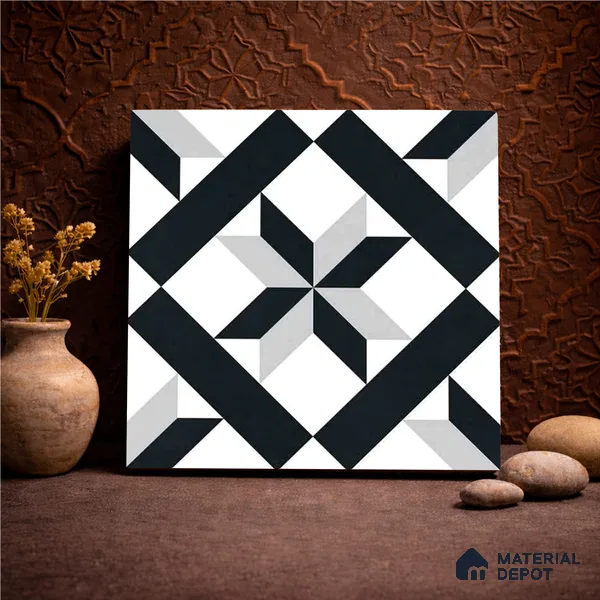 Moroccan Wall & Floor Tile TL 11138 Monochrome Star 1 ft x 1 ft Ceramic Matte Finish Tile - 10 mm | Suitable For Kitchen, Bathroom, Balcony