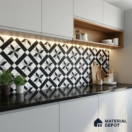 Moroccan Wall & Floor Tile TL 11138 Monochrome Star 1 ft x 1 ft Ceramic Matte Finish Tile - 10 mm | Suitable For Kitchen, Bathroom, Balcony