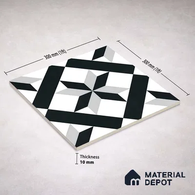 Moroccan Wall & Floor Tile TL 11138 Monochrome Star 1 ft x 1 ft Ceramic Matte Finish Tile - 10 mm | Suitable For Kitchen, Bathroom, Balcony