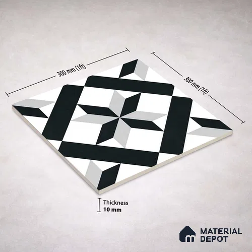 Moroccan Wall & Floor Tile TL 11138 Monochrome Star 1 ft x 1 ft Ceramic Matte Finish Tile - 10 mm | Suitable For Kitchen, Bathroom, Balcony