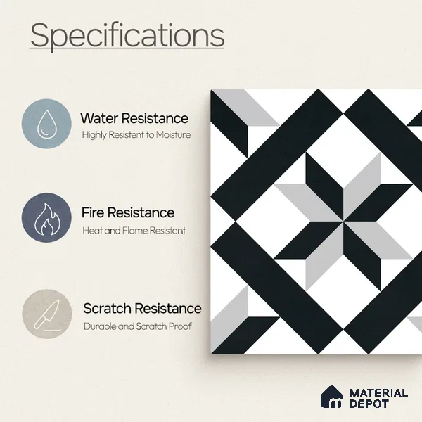 Moroccan Wall & Floor Tile TL 11138 Monochrome Star 1 ft x 1 ft Ceramic Matte Finish Tile - 10 mm | Suitable For Kitchen, Bathroom, Balcony
