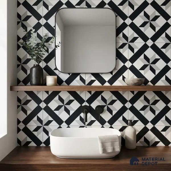 Moroccan Wall & Floor Tile TL 11138 Monochrome Star 1 ft x 1 ft Ceramic Matte Finish Tile - 10 mm | Suitable For Kitchen, Bathroom, Balcony