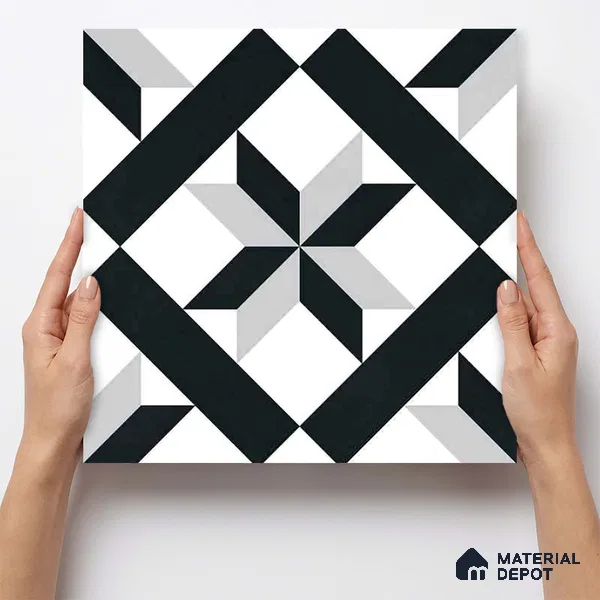 Moroccan Wall & Floor Tile TL 11138 Monochrome Star 1 ft x 1 ft Ceramic Matte Finish Tile - 10 mm | Suitable For Kitchen, Bathroom, Balcony