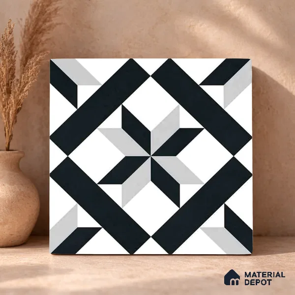 Moroccan Wall & Floor Tile TL 11138 Monochrome Star 1 ft x 1 ft Ceramic Matte Finish Tile - 10 mm | Suitable For Kitchen, Bathroom, Balcony
