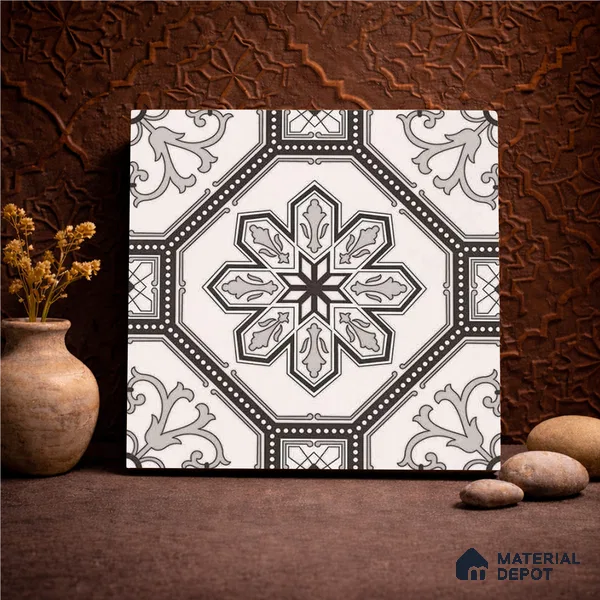 Moroccan Wall & Floor Tile TL 11186 Ornate Star 1 ft x 1 ft Ceramic Matte Finish Tile - 10 mm | Suitable For Kitchen, Bathroom, Balcony