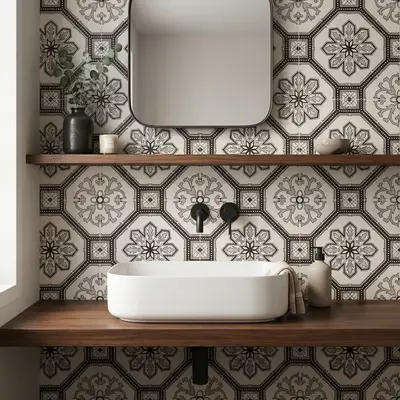 Modern kitchen walkthrough with white laminate cabinets, marble-look countertop, and black-and-white geometric floral backsplash tiles