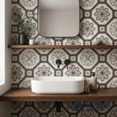 Modern kitchen walkthrough with white laminate cabinets, marble-look countertop, and black-and-white geometric floral backsplash tiles