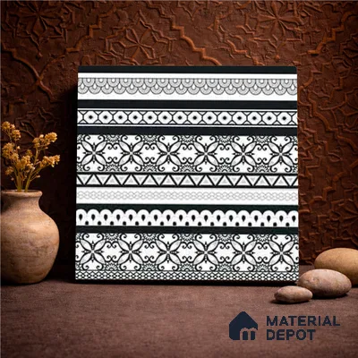 Moroccan Monochrome Wall & Floor Carpet Border Tile TL 11147 Noir Lace Border 1 ft x 1 ft Ceramic Matte Finish Tile - 10 mm | Suitable For Living Room, Kitchen, Dining Area