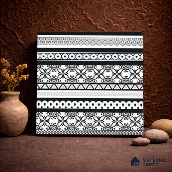 Moroccan Monochrome Wall & Floor Carpet Border Tile TL 11147 Noir Lace Border 1 ft x 1 ft Ceramic Matte Finish Tile - 10 mm | Suitable For Living Room, Kitchen, Dining Area