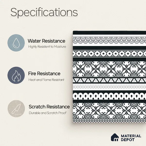 Moroccan Monochrome Wall & Floor Carpet Border Tile TL 11147 Noir Lace Border 1 ft x 1 ft Ceramic Matte Finish Tile - 10 mm | Suitable For Living Room, Kitchen, Dining Area
