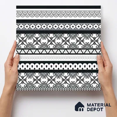 Moroccan Monochrome Wall & Floor Carpet Border Tile TL 11147 Noir Lace Border 1 ft x 1 ft Ceramic Matte Finish Tile - 10 mm | Suitable For Living Room, Kitchen, Dining Area