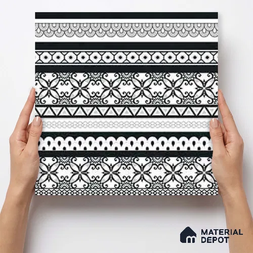 Moroccan Monochrome Wall & Floor Carpet Border Tile TL 11147 Noir Lace Border 1 ft x 1 ft Ceramic Matte Finish Tile - 10 mm | Suitable For Living Room, Kitchen, Dining Area