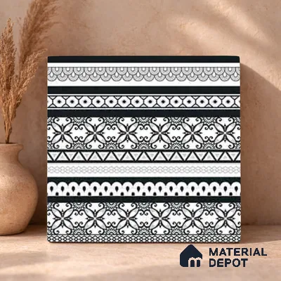 Moroccan Monochrome Wall & Floor Carpet Border Tile TL 11147 Noir Lace Border 1 ft x 1 ft Ceramic Matte Finish Tile - 10 mm | Suitable For Living Room, Kitchen, Dining Area