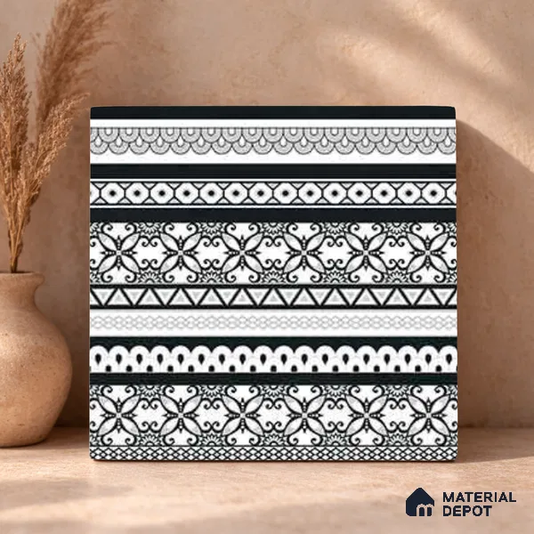 Moroccan Monochrome Wall & Floor Carpet Border Tile TL 11147 Noir Lace Border 1 ft x 1 ft Ceramic Matte Finish Tile - 10 mm | Suitable For Living Room, Kitchen, Dining Area
