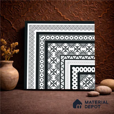 Moroccan Wall & Floor Carpet Corner Tile TL 11148 Monochrome Arabesque 1 ft x 1 ft Ceramic Matte Finish Tile - 10 mm | Suitable For Living Room, Kitchen, Dining Area
