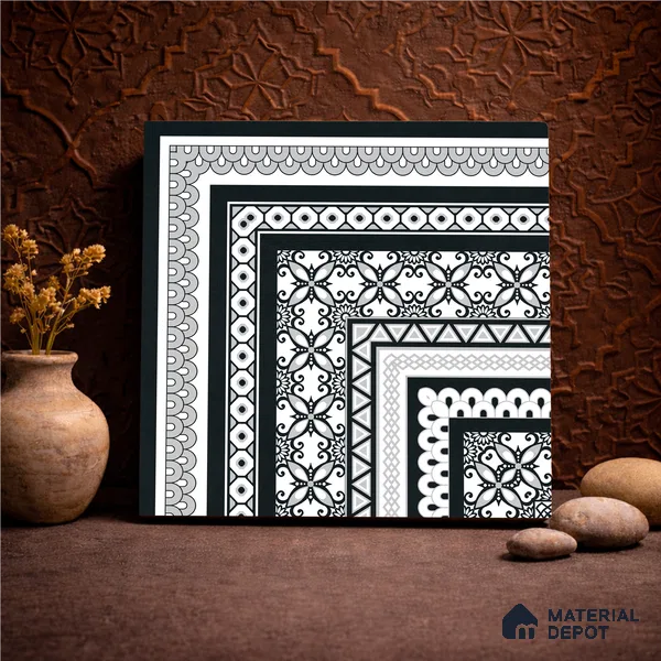 Moroccan Wall & Floor Carpet Corner Tile TL 11148 Monochrome Arabesque 1 ft x 1 ft Ceramic Matte Finish Tile - 10 mm | Suitable For Living Room, Kitchen, Dining Area