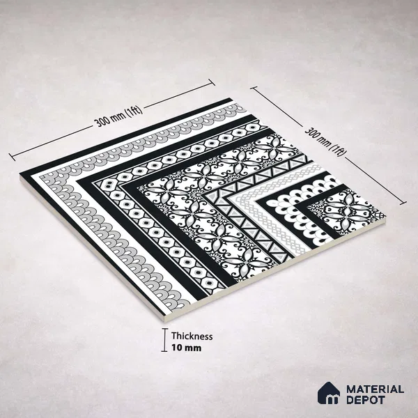 Moroccan Wall & Floor Carpet Corner Tile TL 11148 Monochrome Arabesque 1 ft x 1 ft Ceramic Matte Finish Tile - 10 mm | Suitable For Living Room, Kitchen, Dining Area
