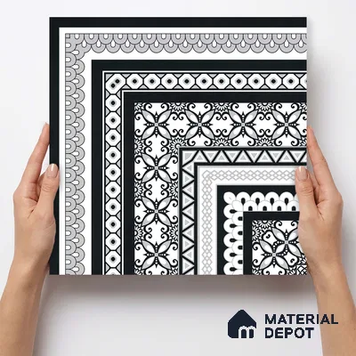 Moroccan Wall & Floor Carpet Corner Tile TL 11148 Monochrome Arabesque 1 ft x 1 ft Ceramic Matte Finish Tile - 10 mm | Suitable For Living Room, Kitchen, Dining Area