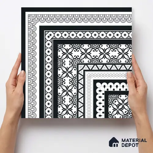 Moroccan Wall & Floor Carpet Corner Tile TL 11148 Monochrome Arabesque 1 ft x 1 ft Ceramic Matte Finish Tile - 10 mm | Suitable For Living Room, Kitchen, Dining Area