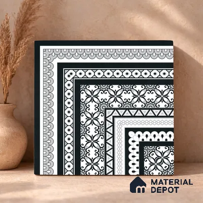Moroccan Wall & Floor Carpet Corner Tile TL 11148 Monochrome Arabesque 1 ft x 1 ft Ceramic Matte Finish Tile - 10 mm | Suitable For Living Room, Kitchen, Dining Area