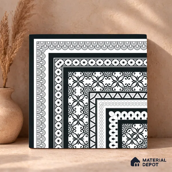 Moroccan Wall & Floor Carpet Corner Tile TL 11148 Monochrome Arabesque 1 ft x 1 ft Ceramic Matte Finish Tile - 10 mm | Suitable For Living Room, Kitchen, Dining Area