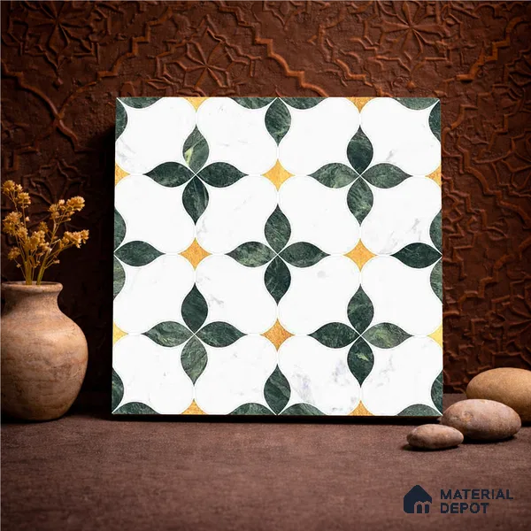 Moroccan Carving Wall & Floor Tile TL 11668 Emerald Bloom 1 ft x 1 ft Ceramic Carving Matte Finish Tile - 10 mm | Suitable For Bathroom, Dining Area, Kitchen