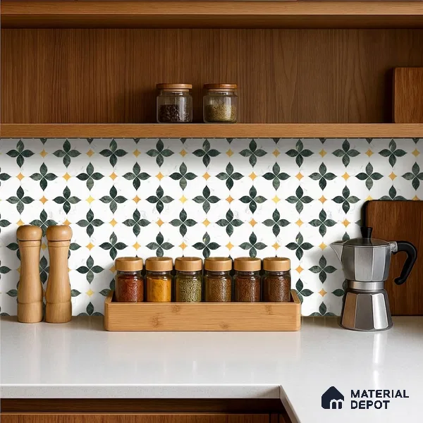 Moroccan Carving Wall & Floor Tile TL 11668 Emerald Bloom 1 ft x 1 ft Ceramic Carving Matte Finish Tile - 10 mm | Suitable For Bathroom, Dining Area, Kitchen