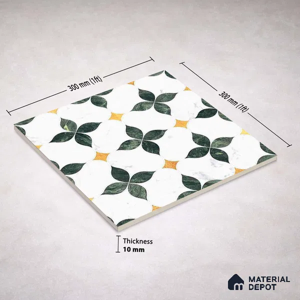 Moroccan Carving Wall & Floor Tile TL 11668 Emerald Bloom 1 ft x 1 ft Ceramic Carving Matte Finish Tile - 10 mm | Suitable For Bathroom, Dining Area, Kitchen
