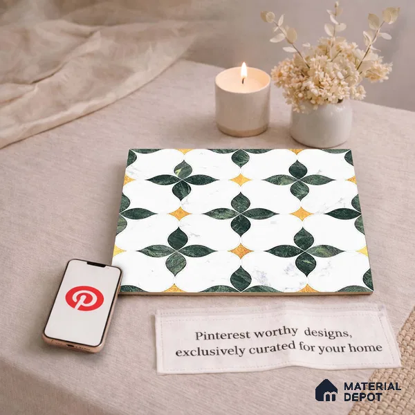 Moroccan Carving Wall & Floor Tile TL 11668 Emerald Bloom 1 ft x 1 ft Ceramic Carving Matte Finish Tile - 10 mm | Suitable For Bathroom, Dining Area, Kitchen